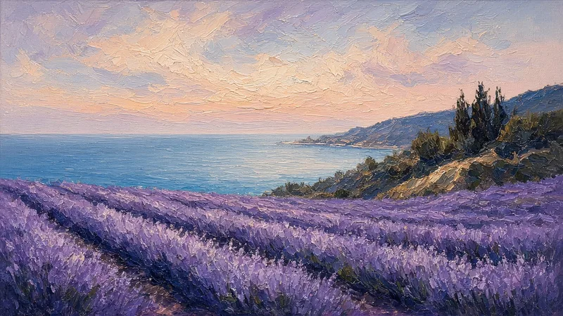 Lavender Coast — oil on canvas, 40 × 22 in, by Jeanette Ernst